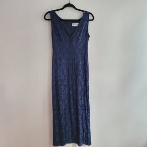 Vintage Jessica Howard navy maxi dress babydoll v neck floral lace sleeveless wh